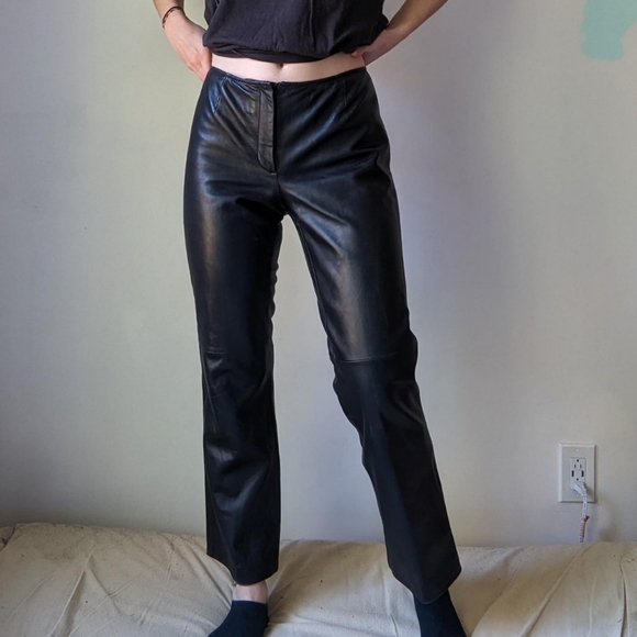 90’s Black High Waist Straight Leg Leather Pants by Jacqueline Ferrar